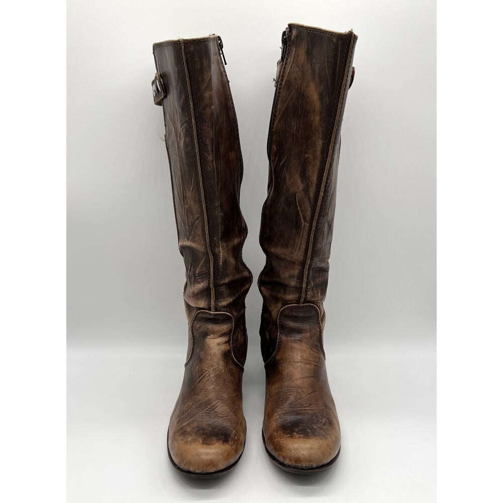 U ROADS Heeled Boots Womens 8 Brown Distressed Leather Knee High Round Toe - Picture 2 of 16